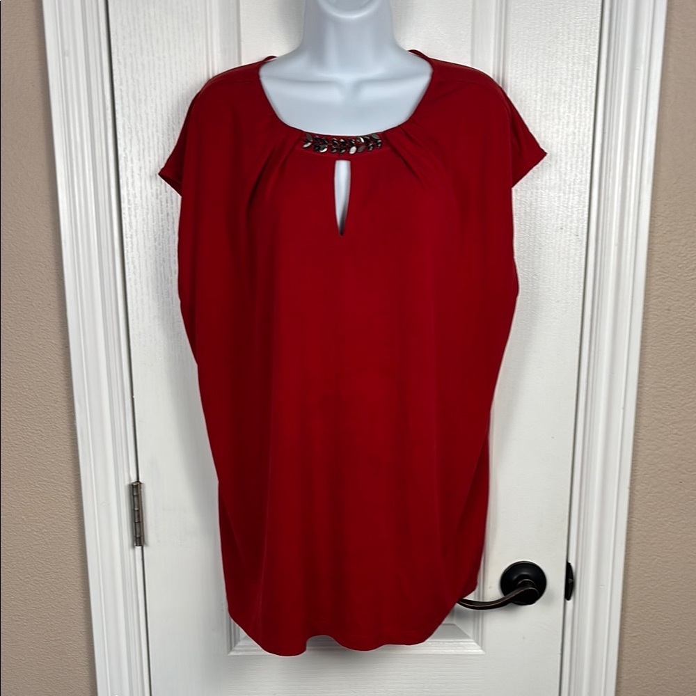 Liz Claiborne Women Elegant Red Sleeveless Pullover Jeweled Neck Top Size 1X